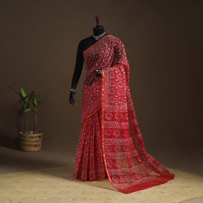 Red Kota Doria Cotton Hand Batik Print Saree