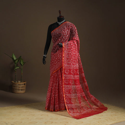 Red Kota Doria Cotton Hand Batik Print Saree