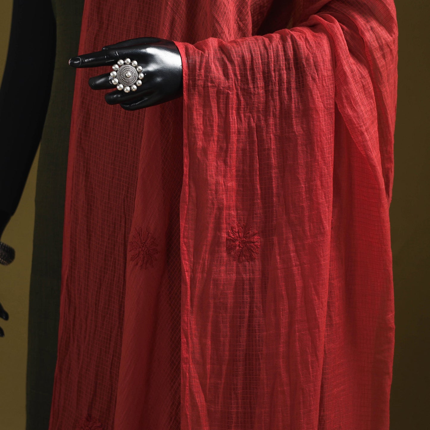 Red - kota doria cotton hand embroidered lucknowi