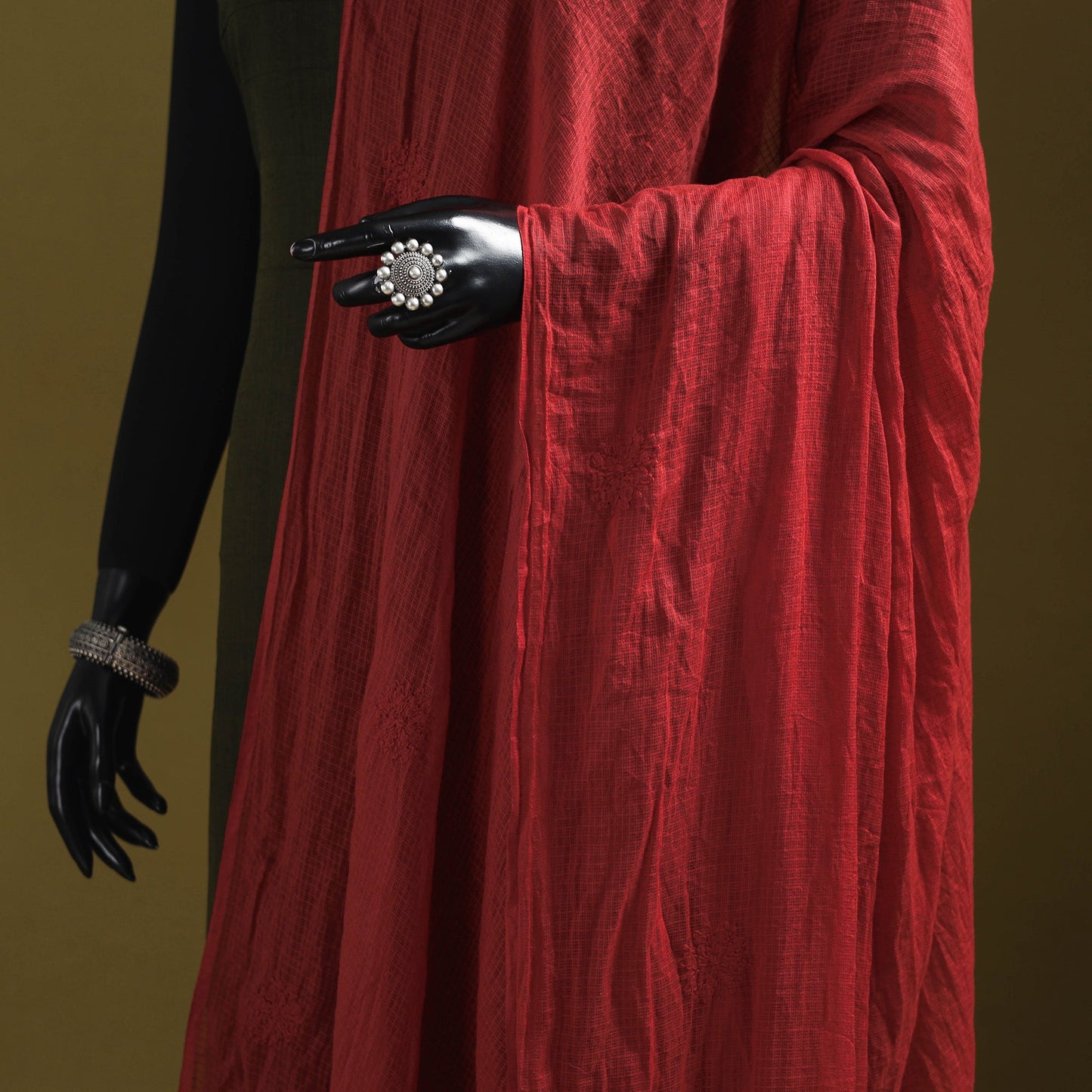 Red - kota doria cotton hand embroidered lucknowi