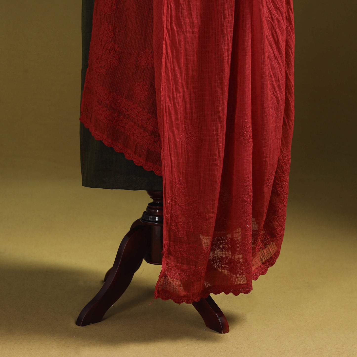 Red - kota doria cotton hand embroidered lucknowi
