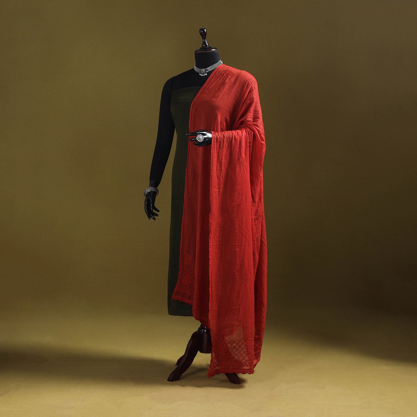 Red - kota doria cotton hand embroidered lucknowi