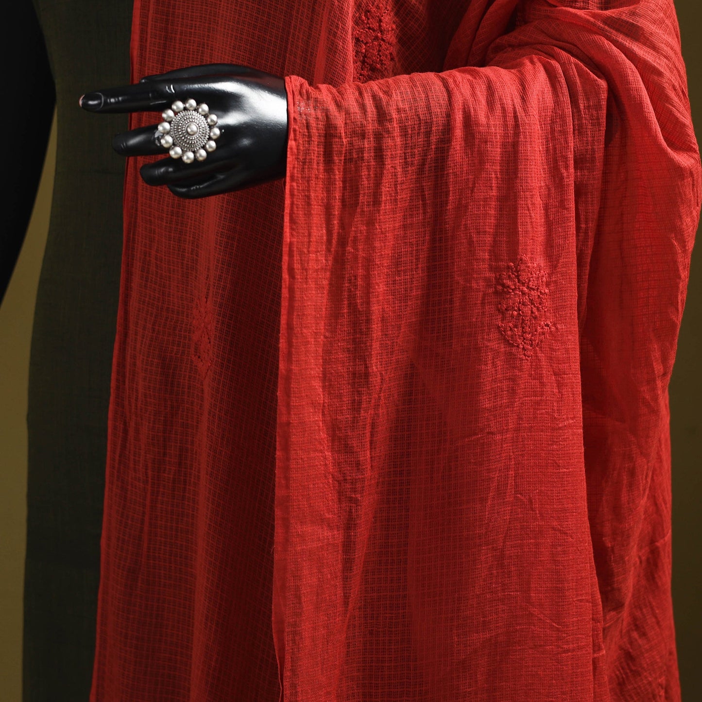 Red - kota doria cotton hand embroidered lucknowi