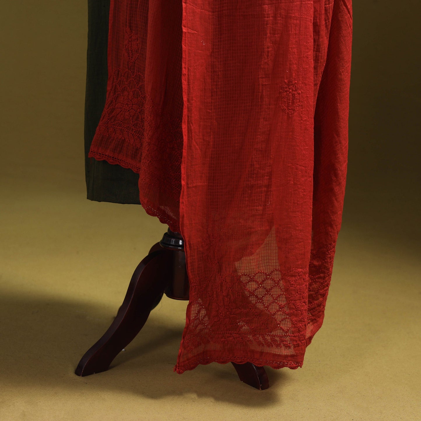 Red - kota doria cotton hand embroidered lucknowi