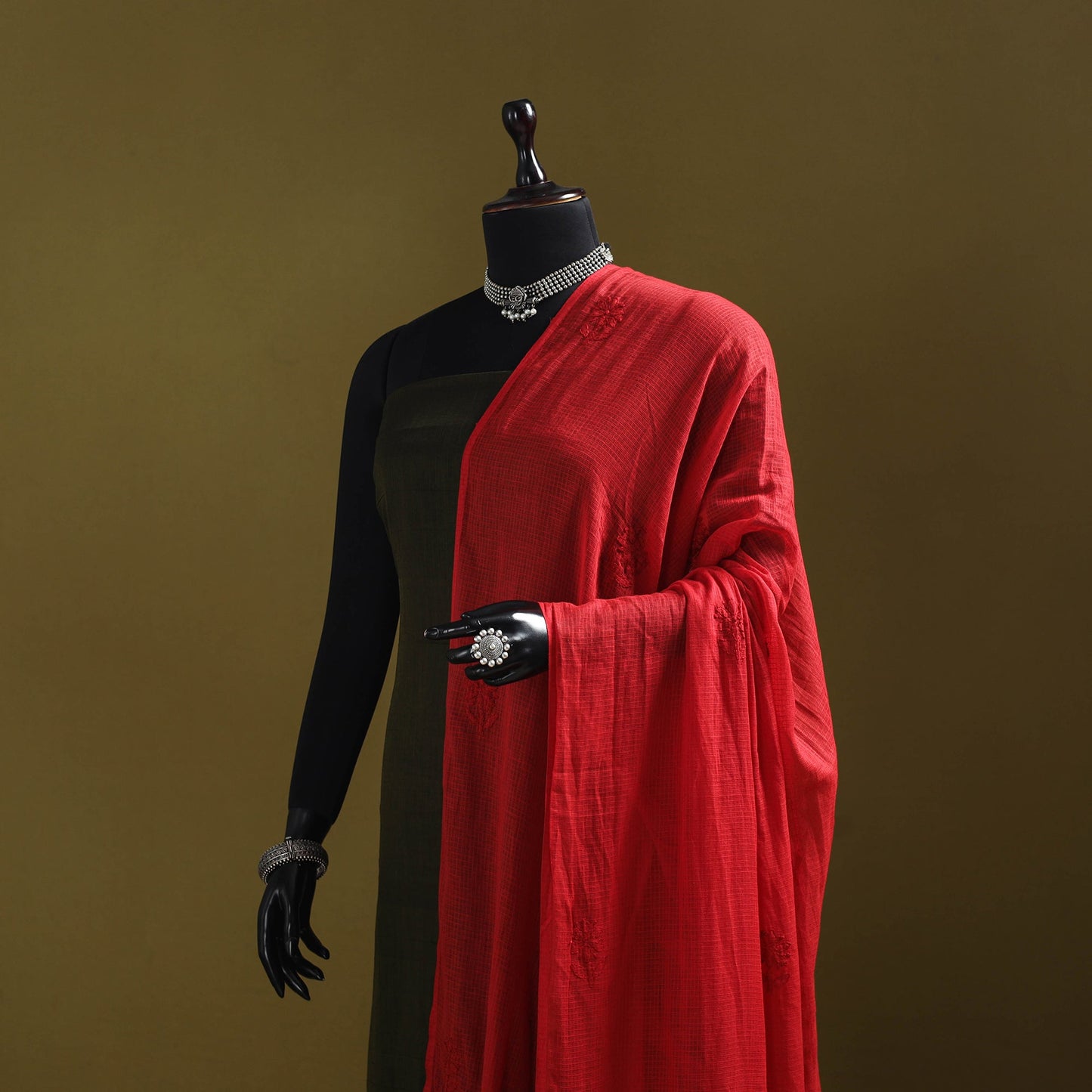 Red - kota doria cotton hand embroidered lucknowi