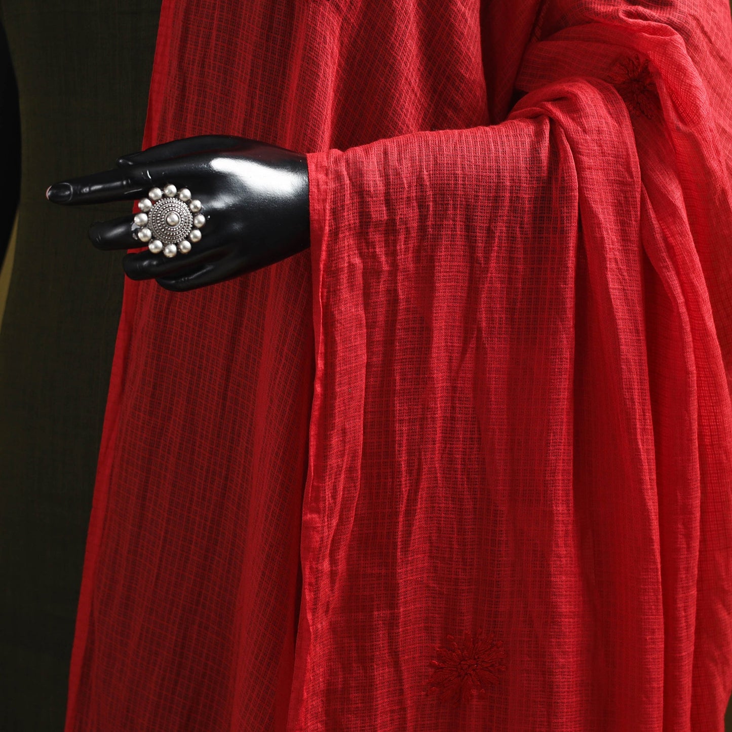 Red - kota doria cotton hand embroidered lucknowi