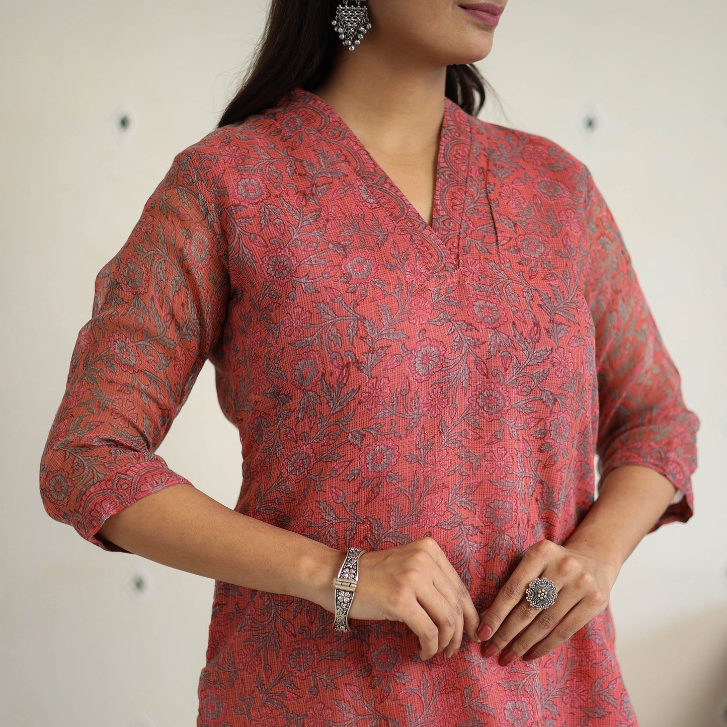 Red Block Print Kota Doria Cotton Sanganeri Kurta Set (Set of 3) 