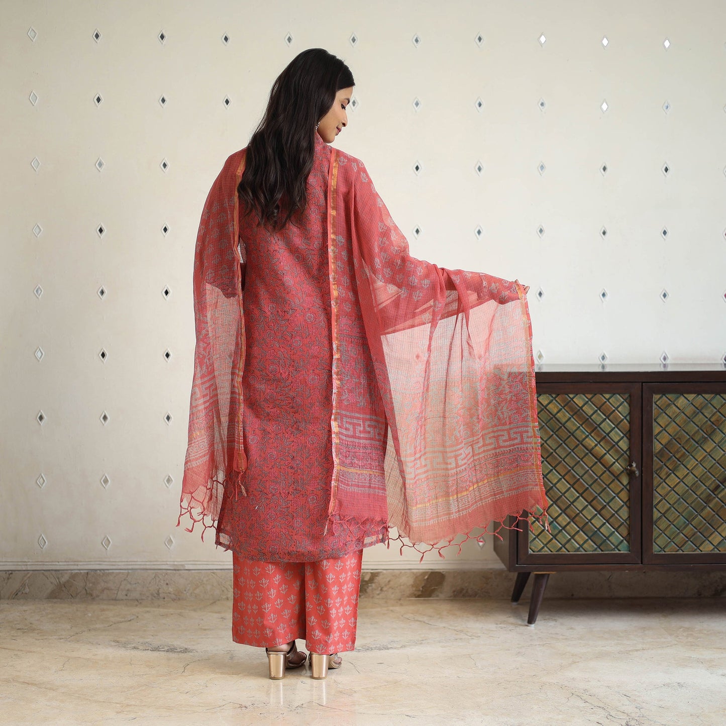 Red Block Print Kota Doria Cotton Sanganeri Kurta Set (Set of 3) 