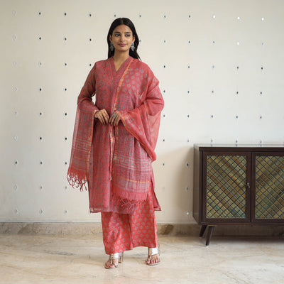 Red Block Print Kota Doria Cotton Sanganeri Kurta Set (Set of 3) 