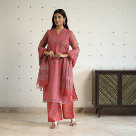 Red Block Print Kota Doria Cotton Sanganeri Kurta Set (Set of 3) 