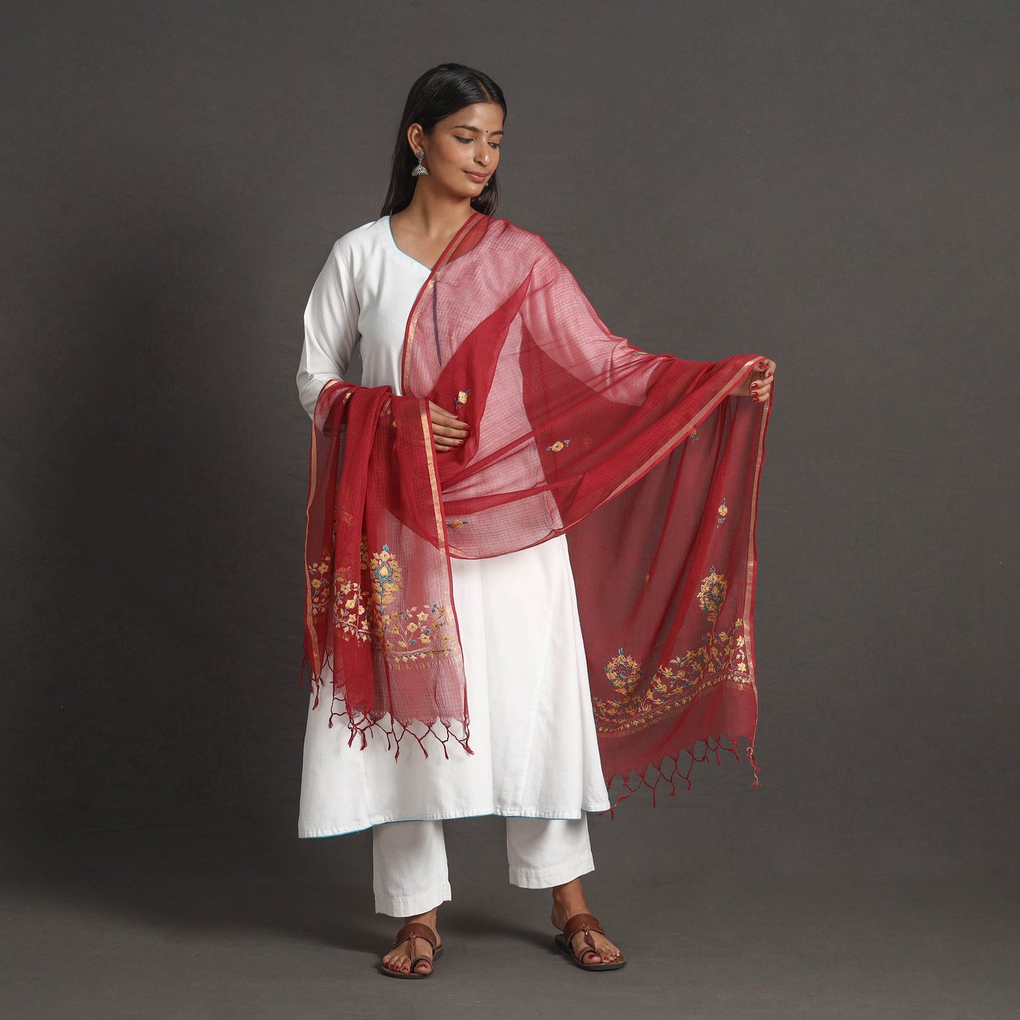 Red - kota doria silk cotton kashida embroidery dupatta 41