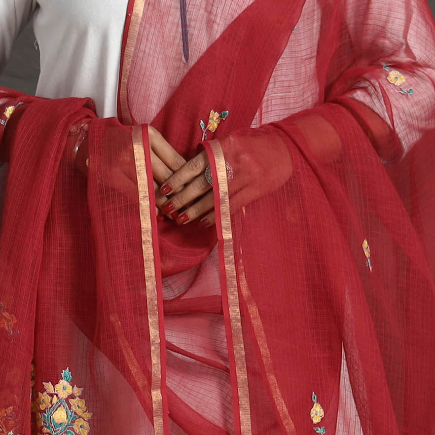 Red - kota doria silk cotton kashida embroidery dupatta 41