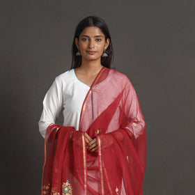 Red - kota doria silk cotton kashida embroidery dupatta 41