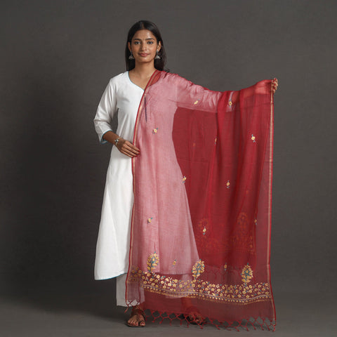Red - kota doria silk cotton kashida embroidery dupatta 41