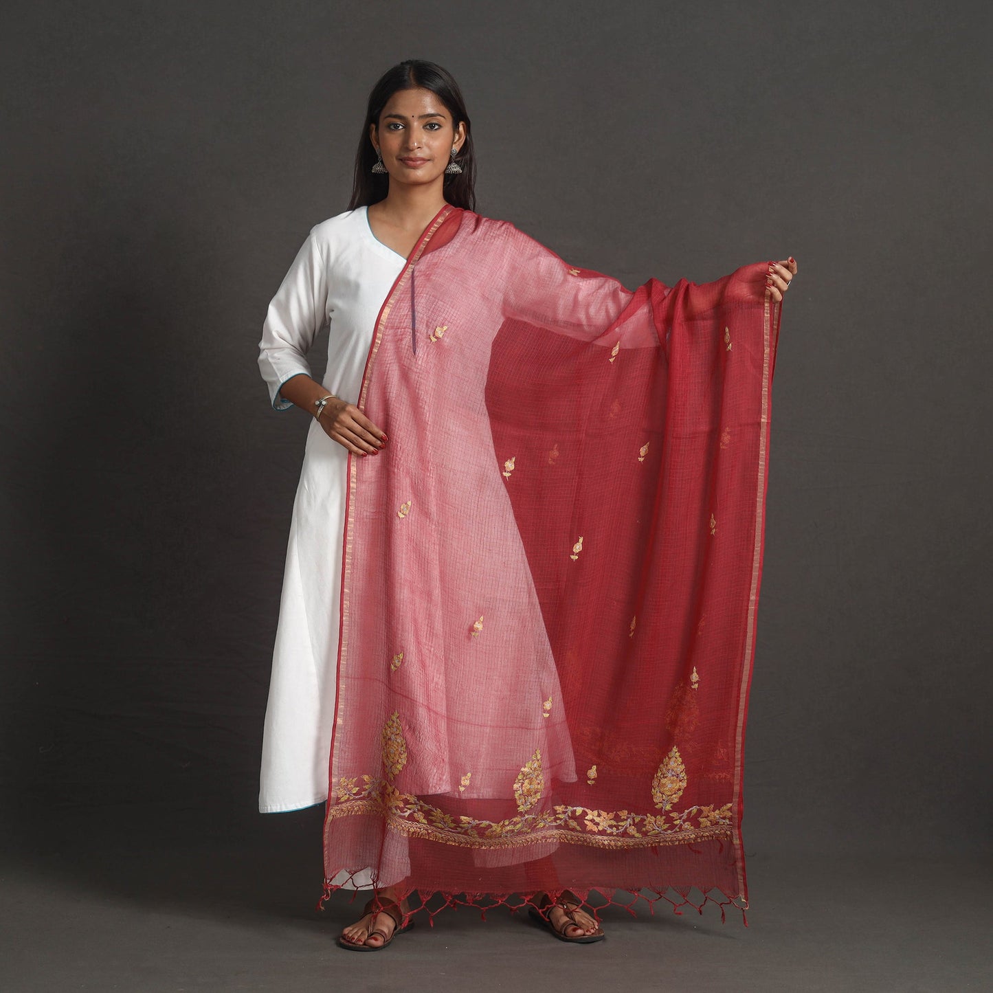 Red - kota doria silk cotton kashida embroidery dupatta 42