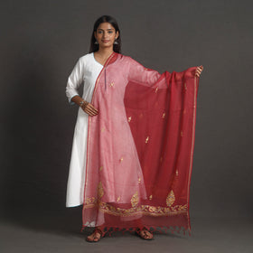 Red - kota doria silk cotton kashida embroidery dupatta 42