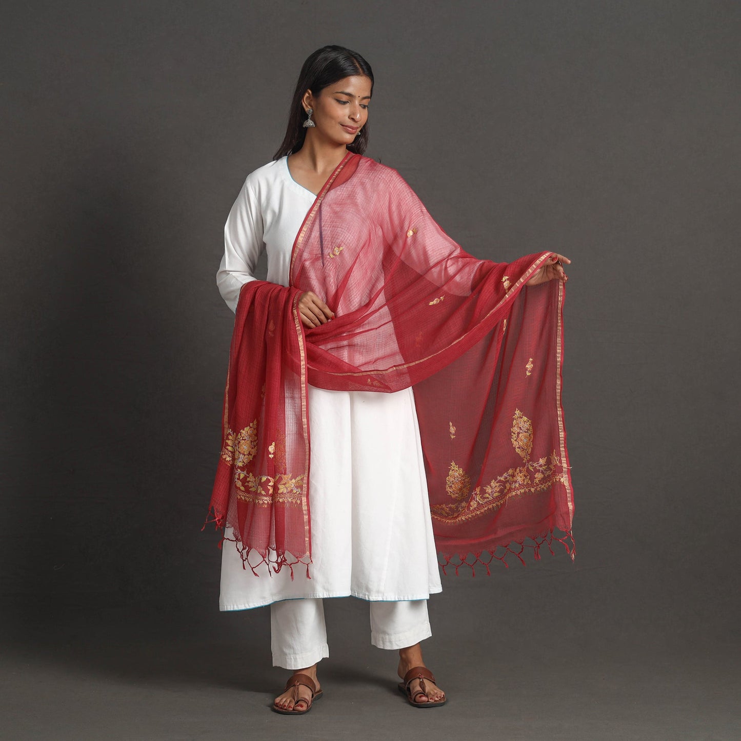 Red - kota doria silk cotton kashida embroidery dupatta 42