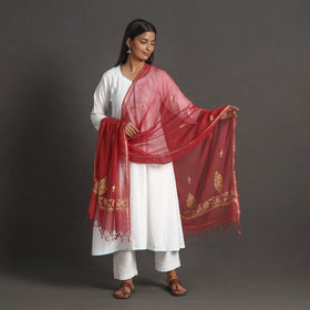 Red - kota doria silk cotton kashida embroidery dupatta 42
