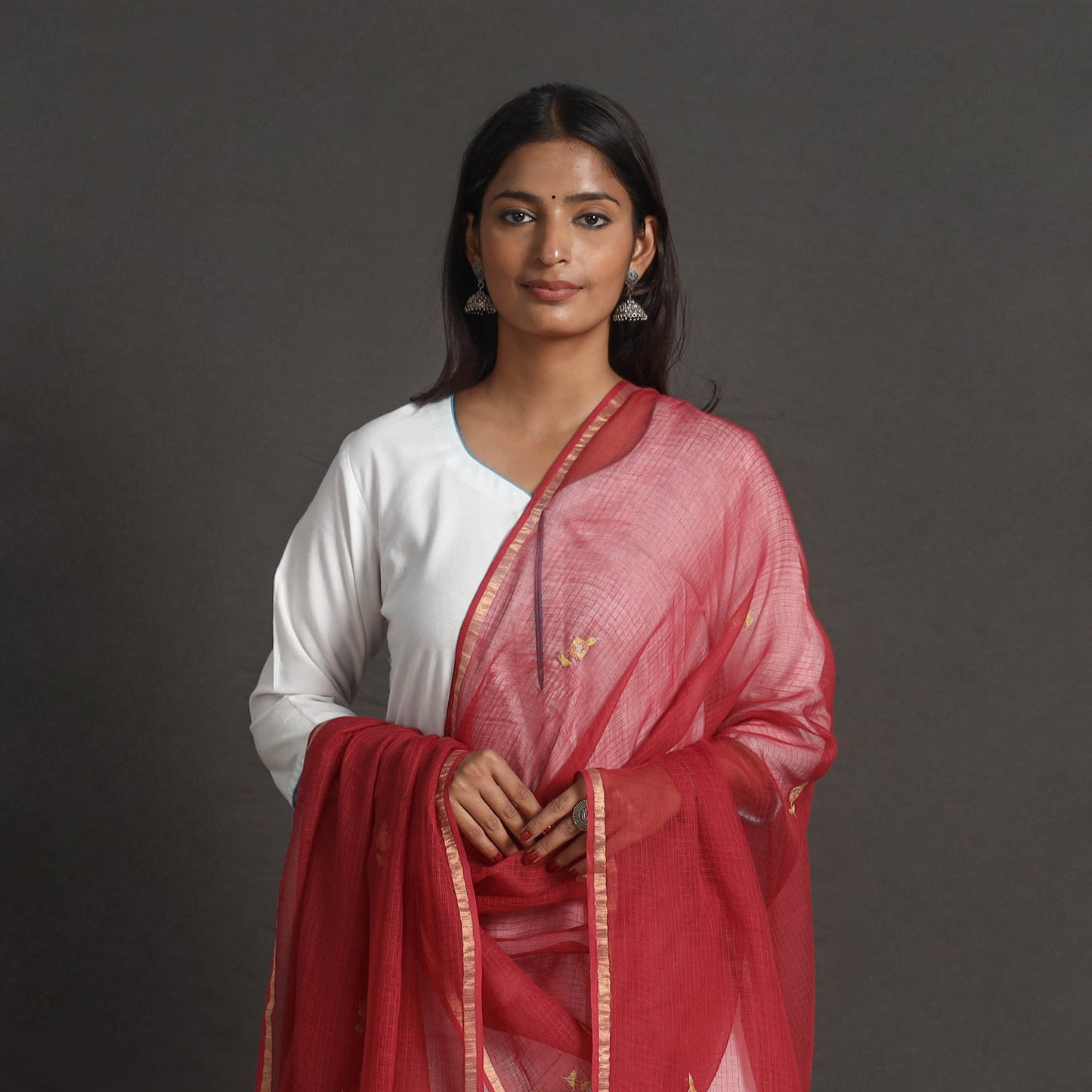 Red - kota doria silk cotton kashida embroidery dupatta 42