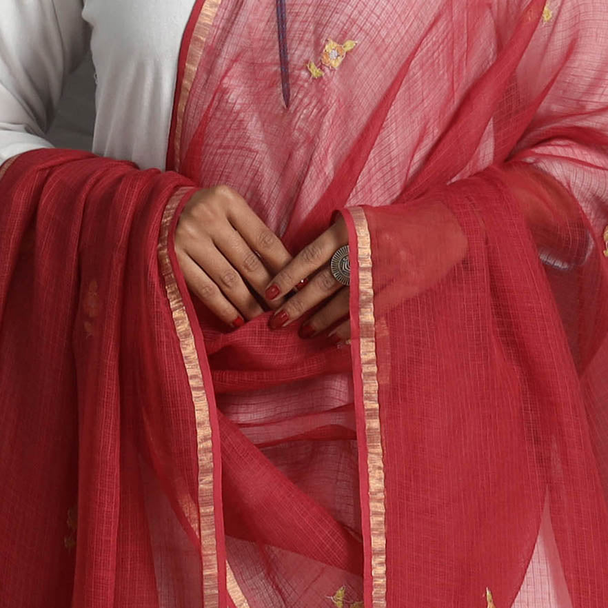 Red - kota doria silk cotton kashida embroidery dupatta 42