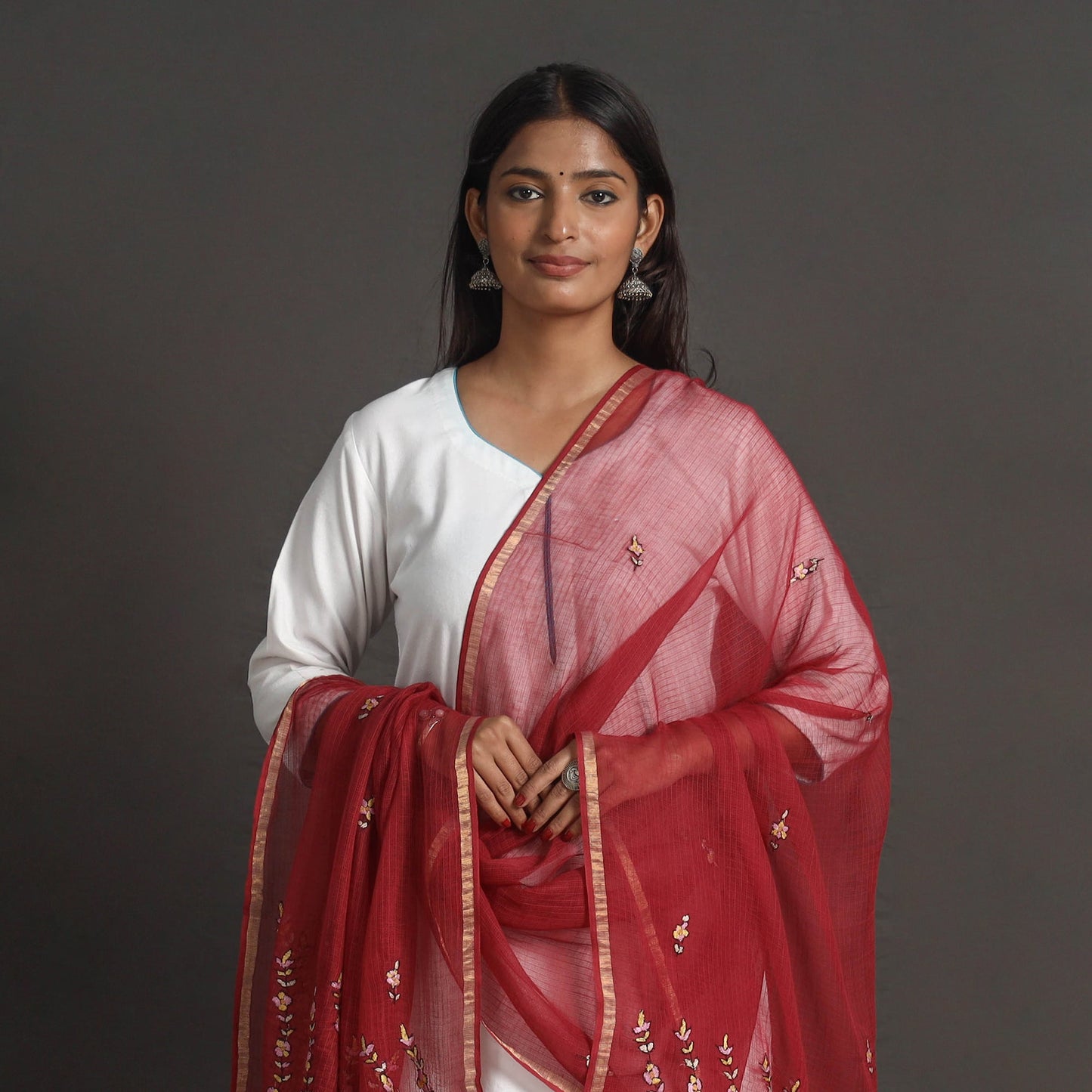 Red - kota doria silk cotton kashida embroidery dupatta 51