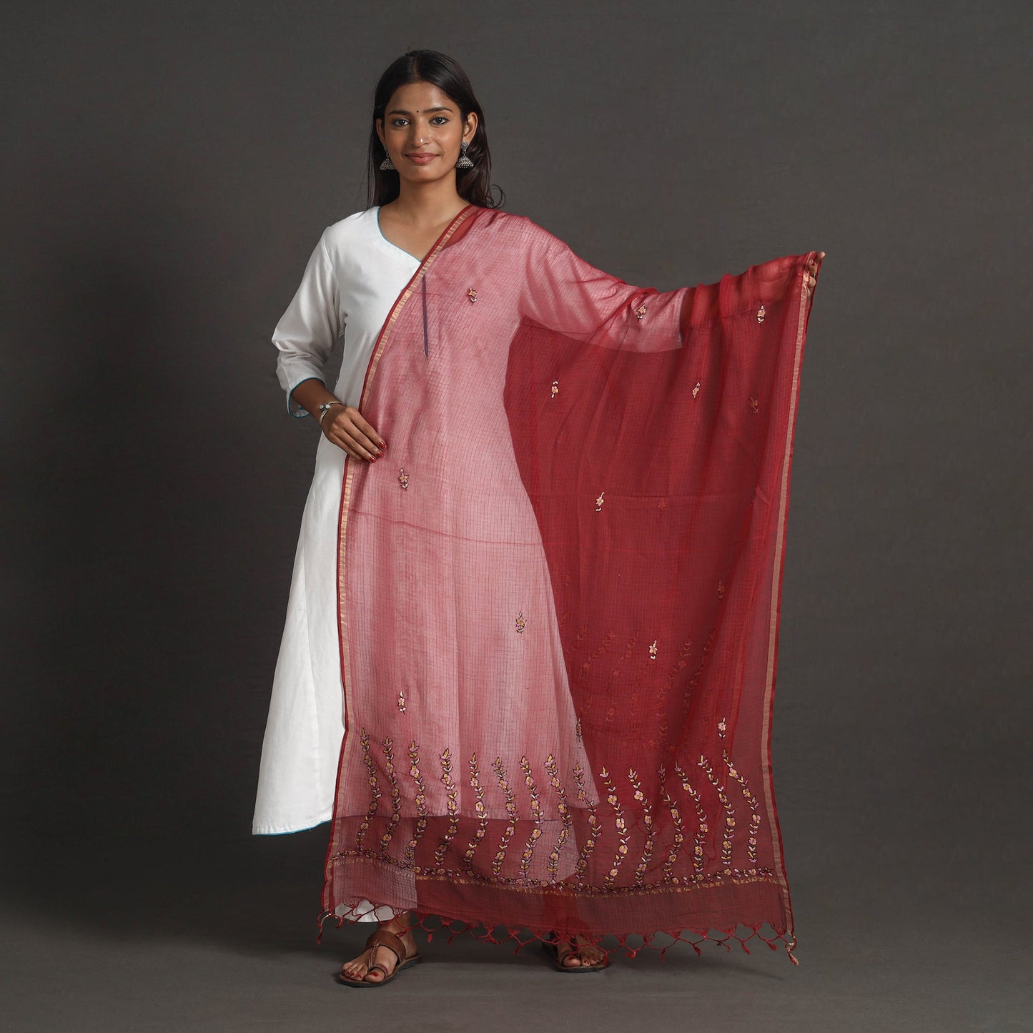 Red - kota doria silk cotton kashida embroidery dupatta 51