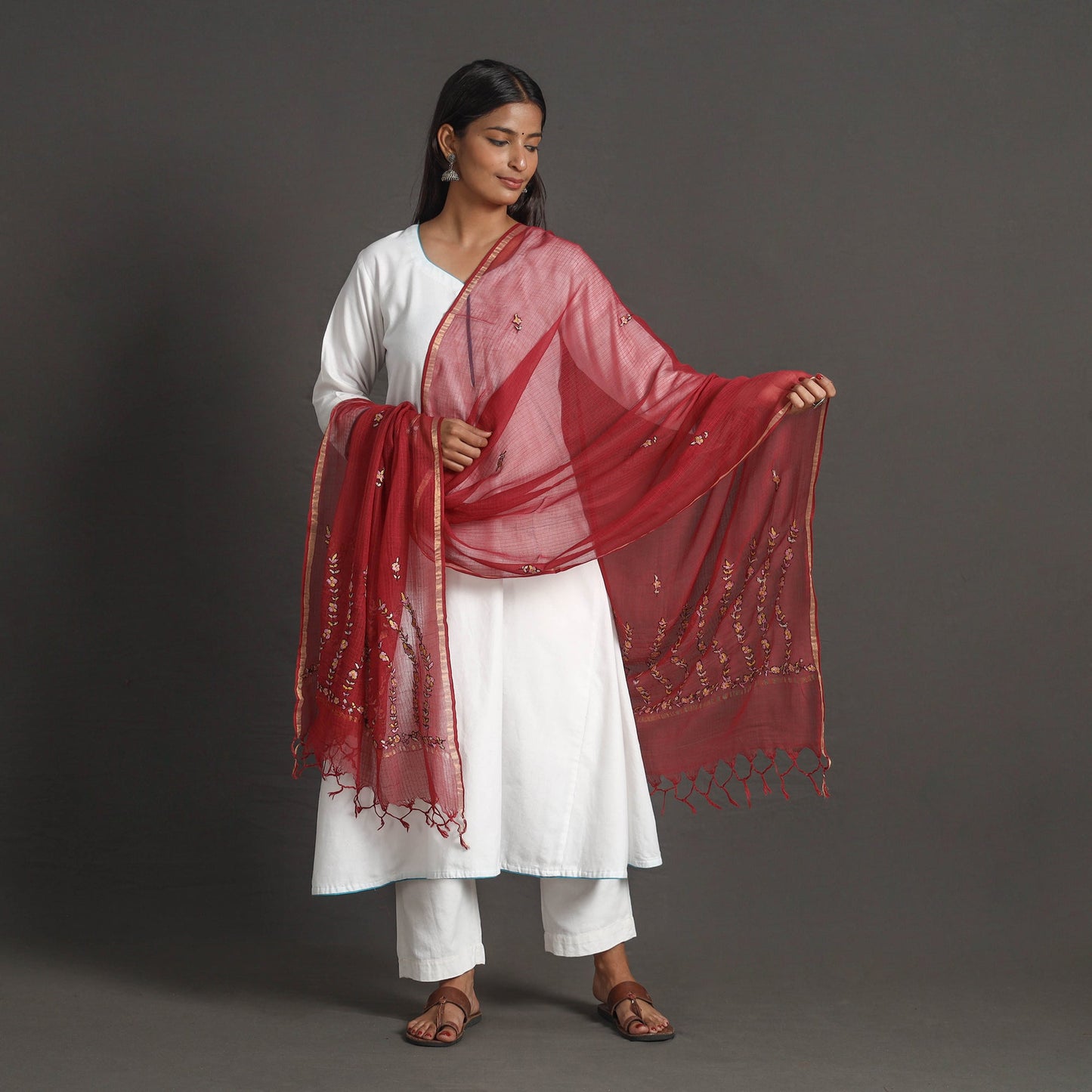 Red - kota doria silk cotton kashida embroidery dupatta 51