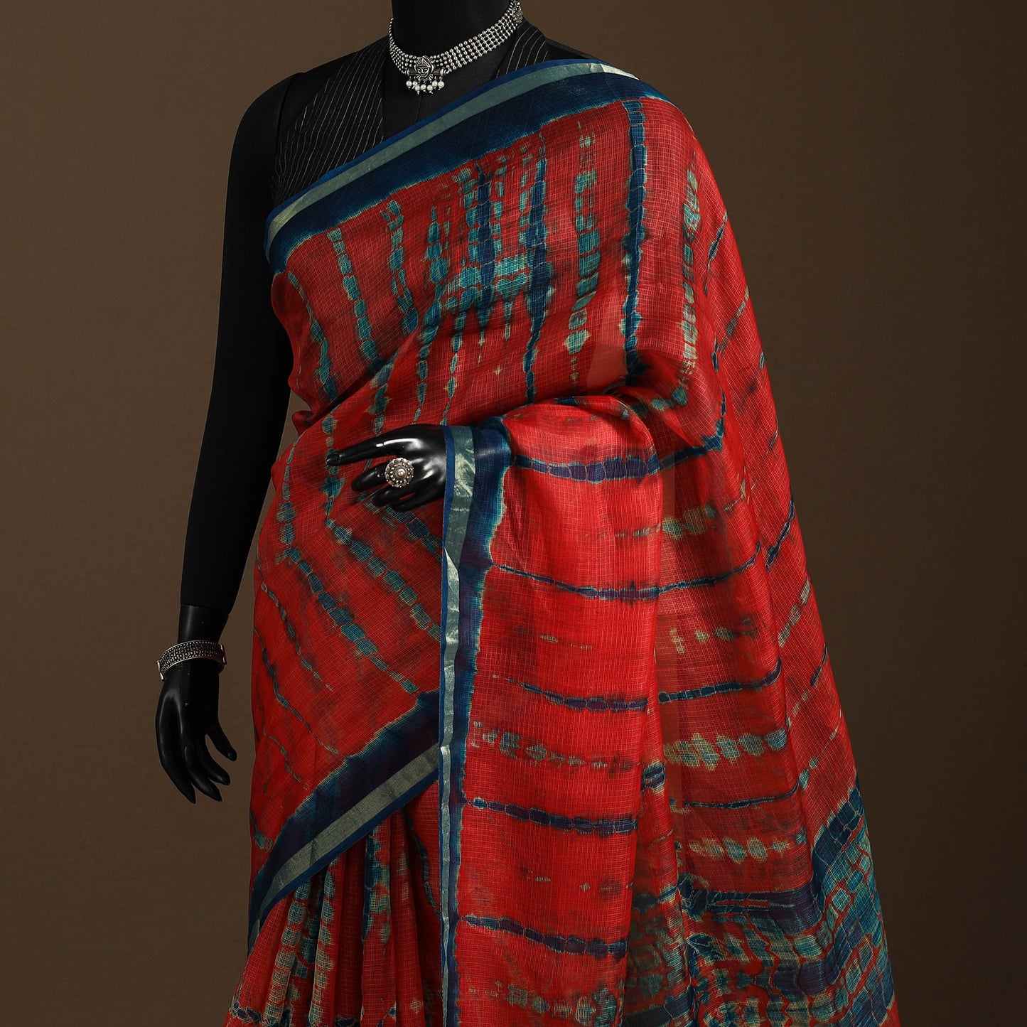 Red - kota doria silk tie-dye shibori saree 11 - handcrafted