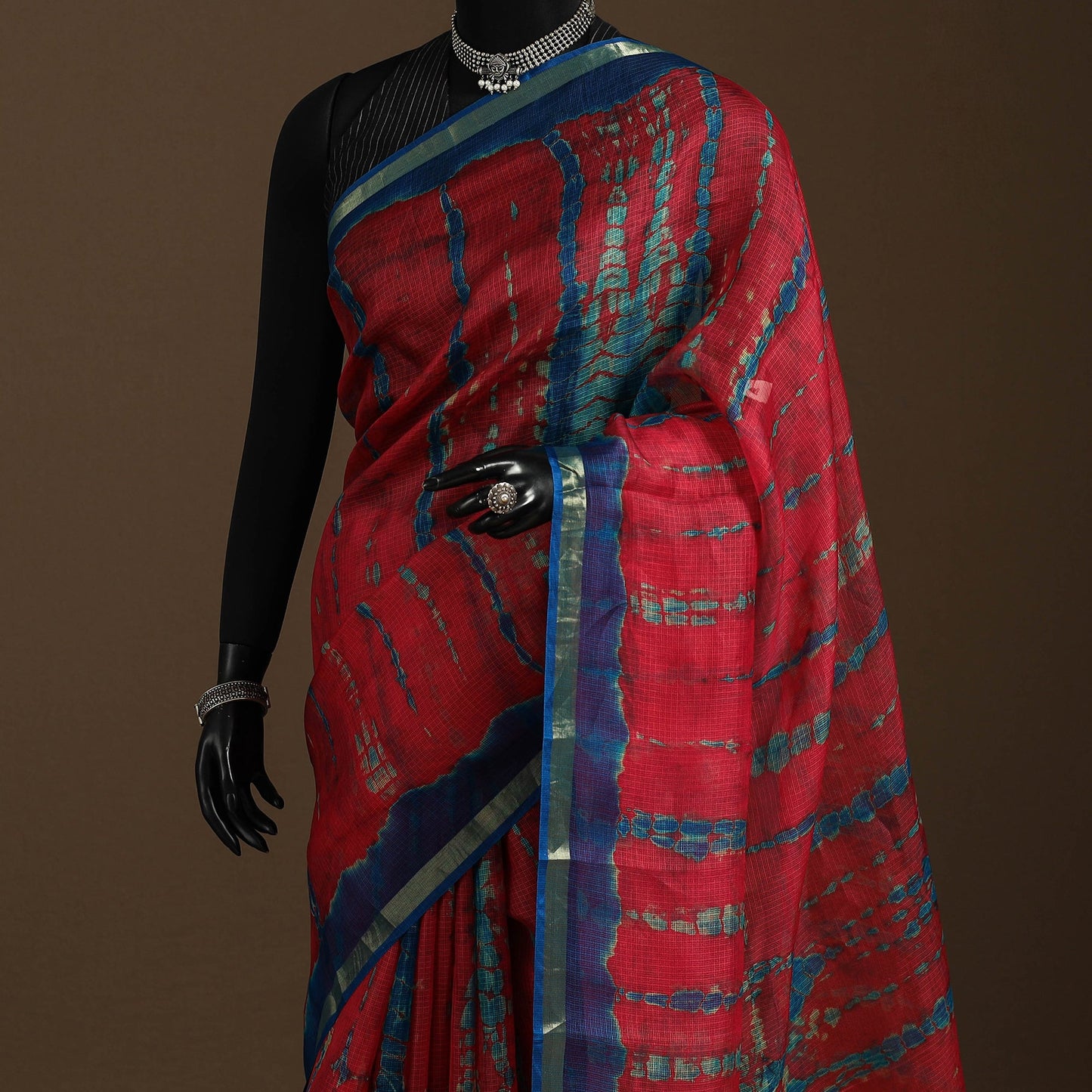 Red - kota doria silk tie-dye shibori saree 12 - handcrafted