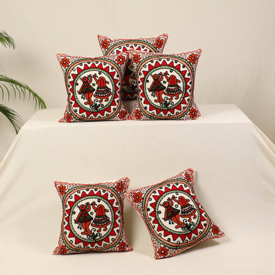 Red - kutch aari hand embroidery cushion cover (set of 5)