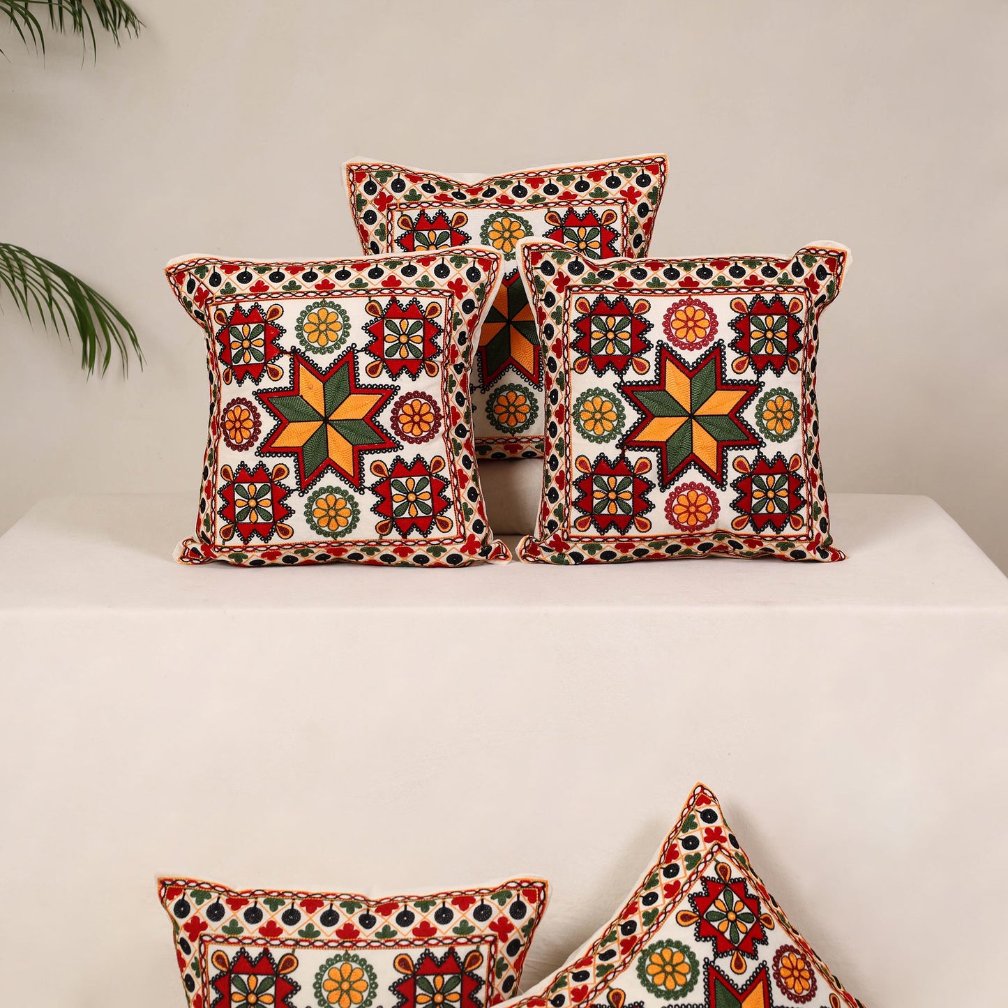 Red - kutch aari hand embroidery cushion cover (set of 5)
