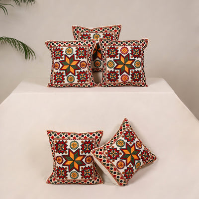 Red - kutch aari hand embroidery cushion cover (set of 5)