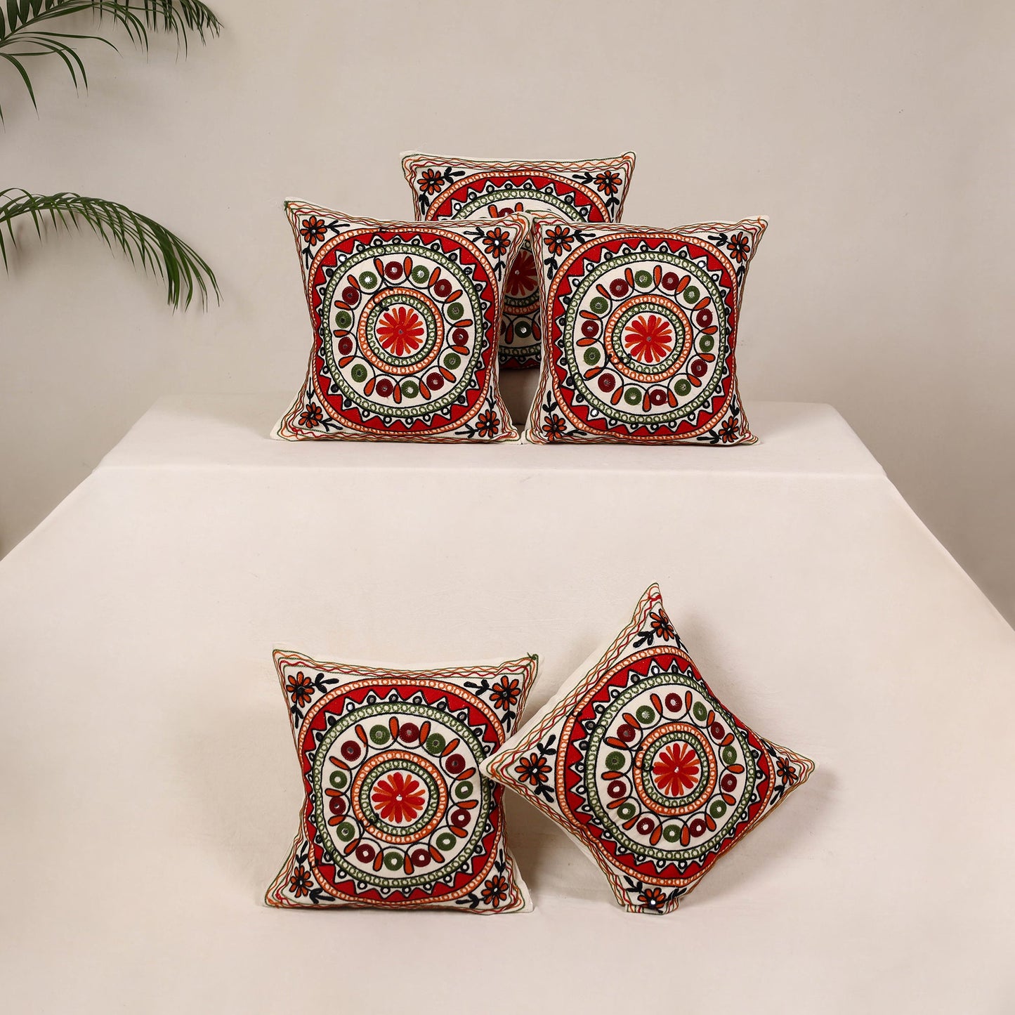 Red - kutch aari hand embroidery cushion cover (set of 5)