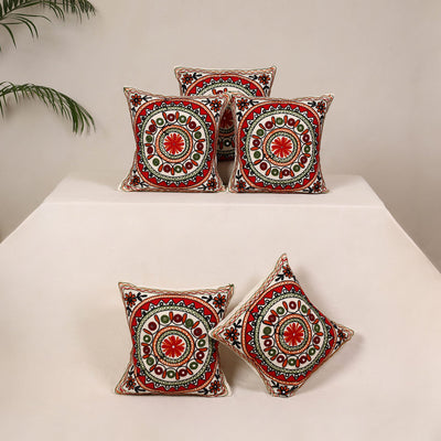 Red - kutch aari hand embroidery cushion cover (set of 5)
