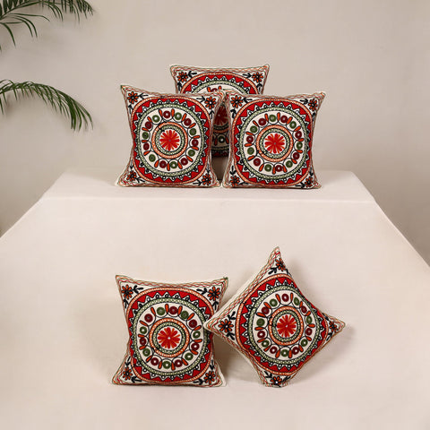 Red - kutch aari hand embroidery cushion cover (set of 5)
