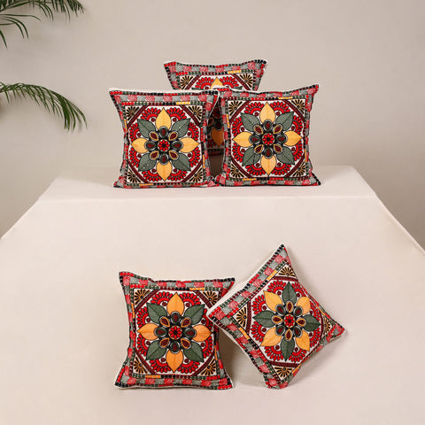 Red - kutch aari hand embroidery cushion cover (set of 5)