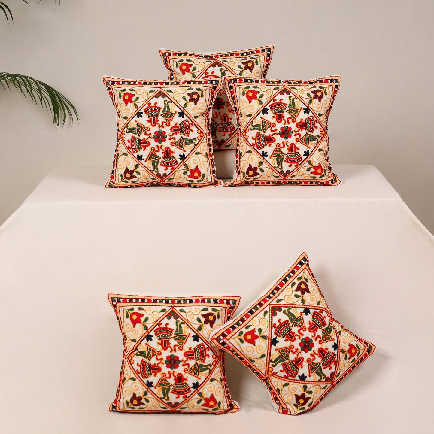 Red - kutch aari hand embroidery cushion cover (set of 5)