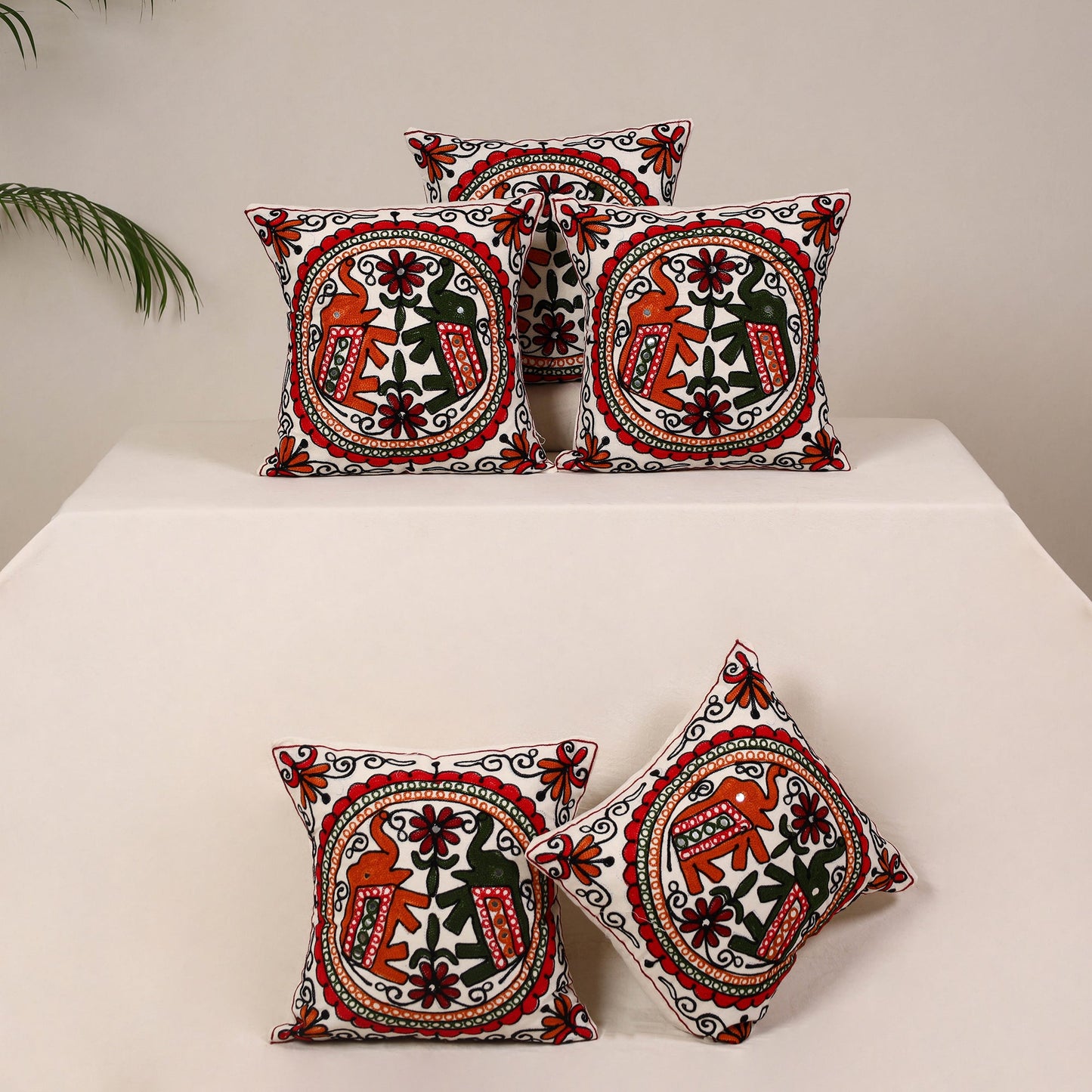 Red - kutch aari hand embroidery cushion cover (set of 5)