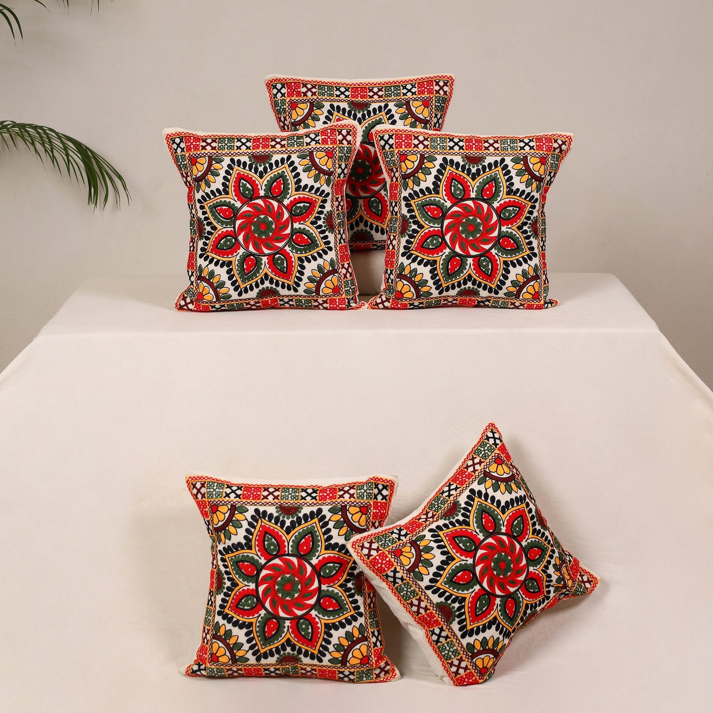 Red - kutch aari hand embroidery cushion cover (set of 5)