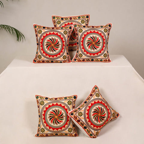 Red - kutch aari hand embroidery cushion cover (set of 5)