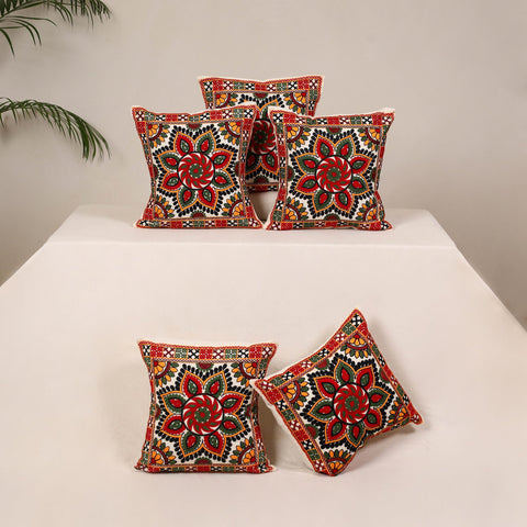 Red - kutch aari hand embroidery cushion cover (set of 5)