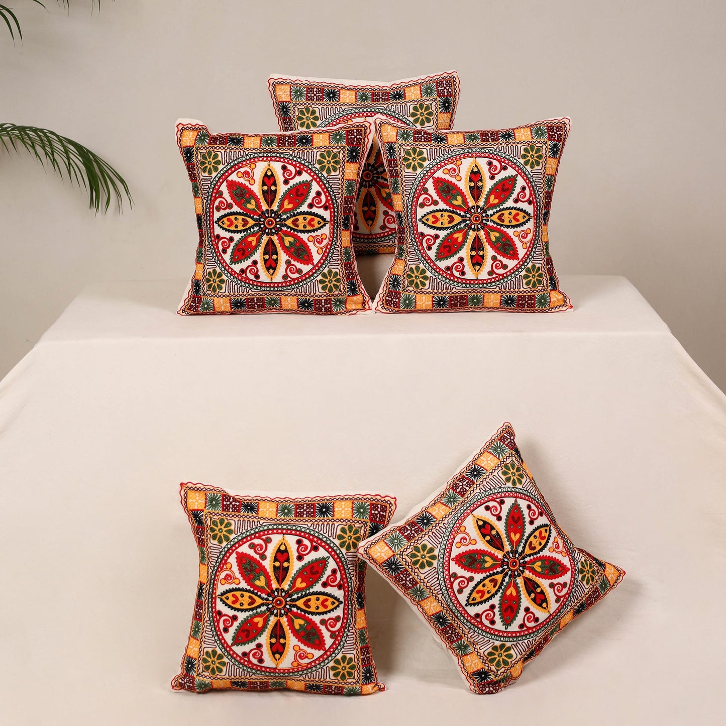 Red - kutch aari hand embroidery cushion cover (set of 5)