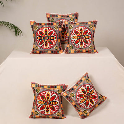 Red - kutch aari hand embroidery cushion cover (set of 5)