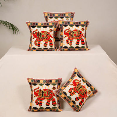 Red - kutch aari hand embroidery cushion cover (set of 5)