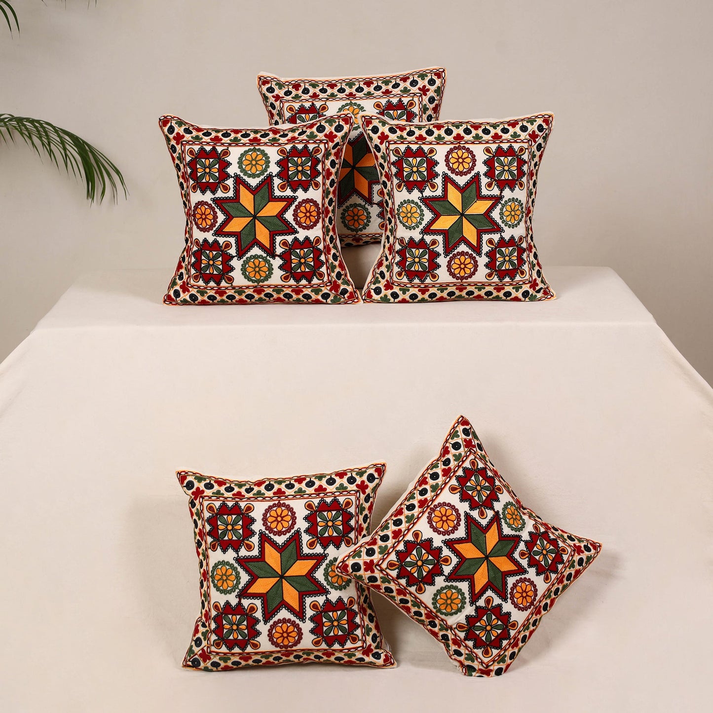 Red - kutch aari hand embroidery cushion cover (set of 5)