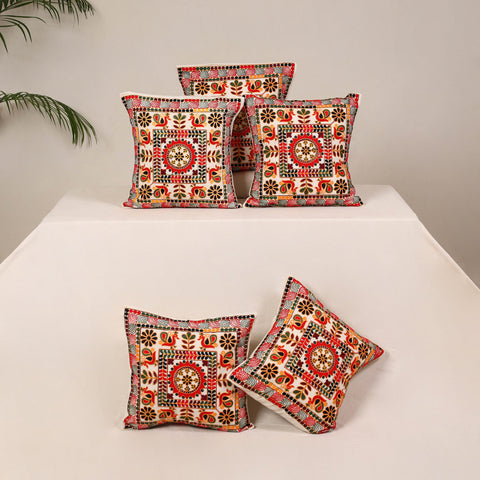 Red - kutch aari hand embroidery cushion cover (set of 5)