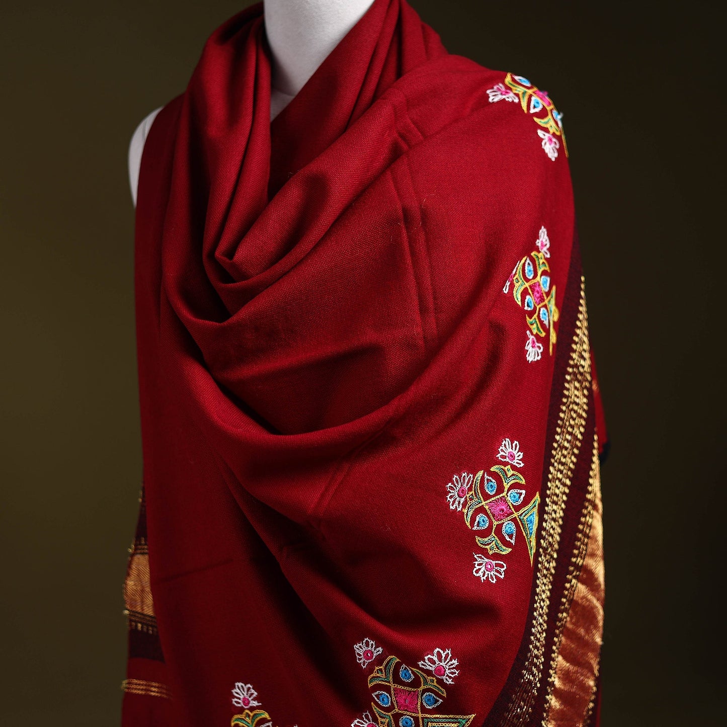 Red - kutch ahir hand embroidery mirror work woollen shawl