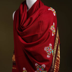 Red - kutch ahir hand embroidery mirror work woollen shawl