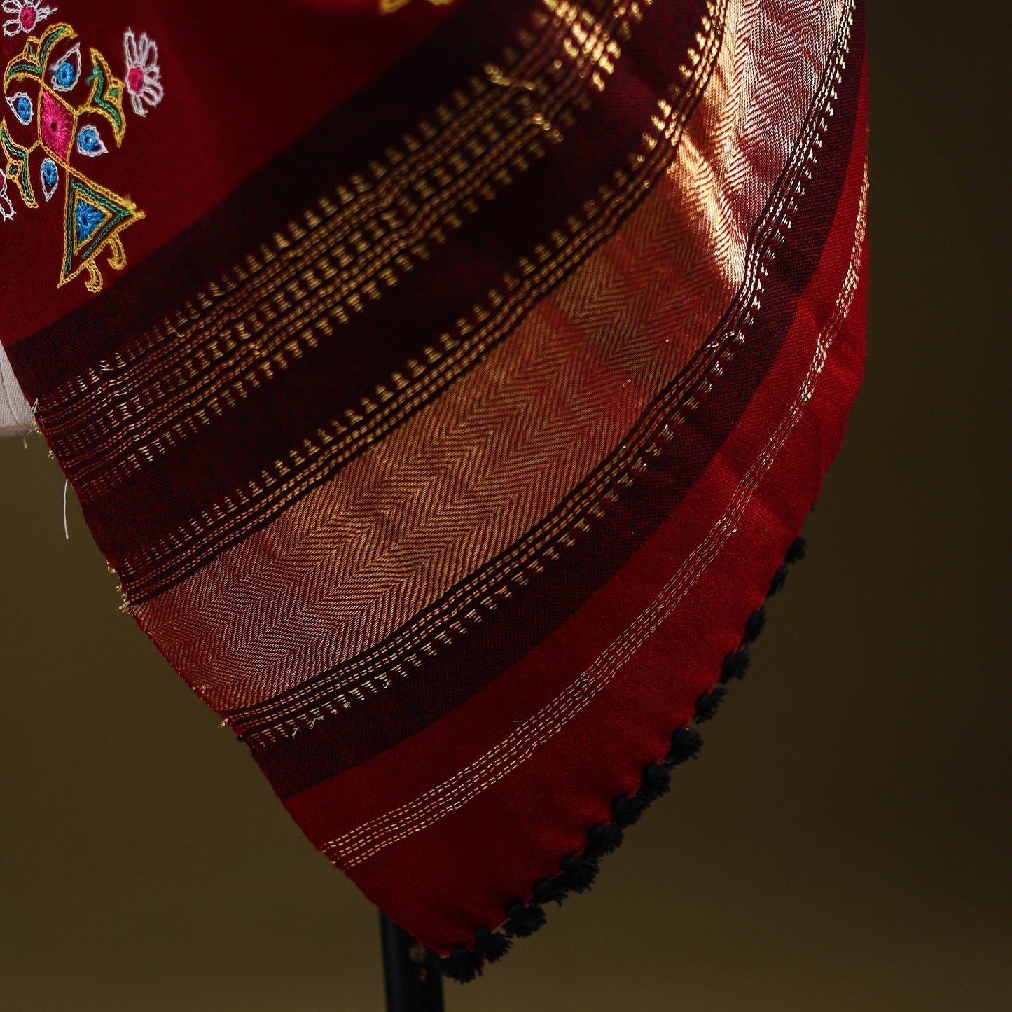 Red - kutch ahir hand embroidery mirror work woollen shawl