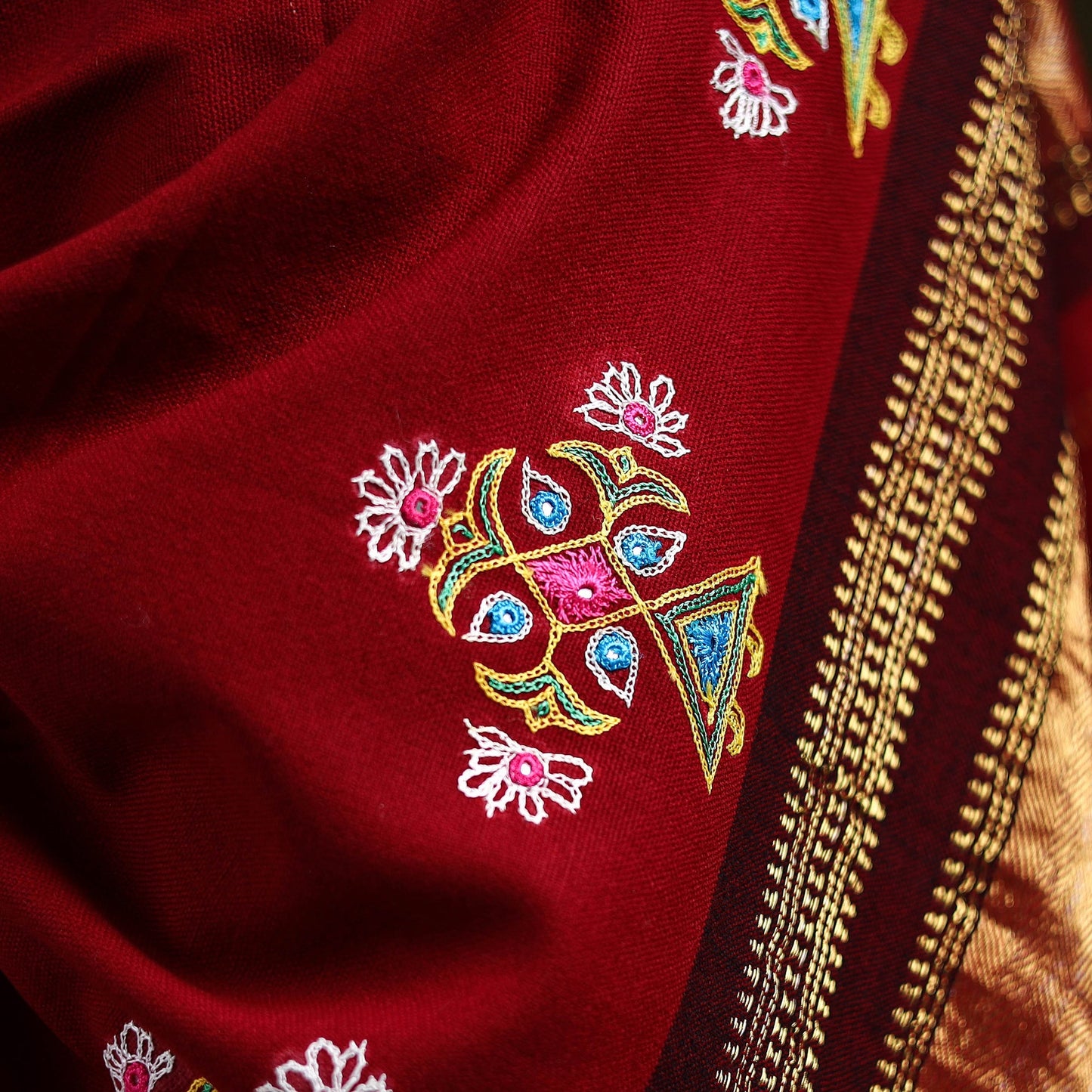 Red - kutch ahir hand embroidery mirror work woollen shawl
